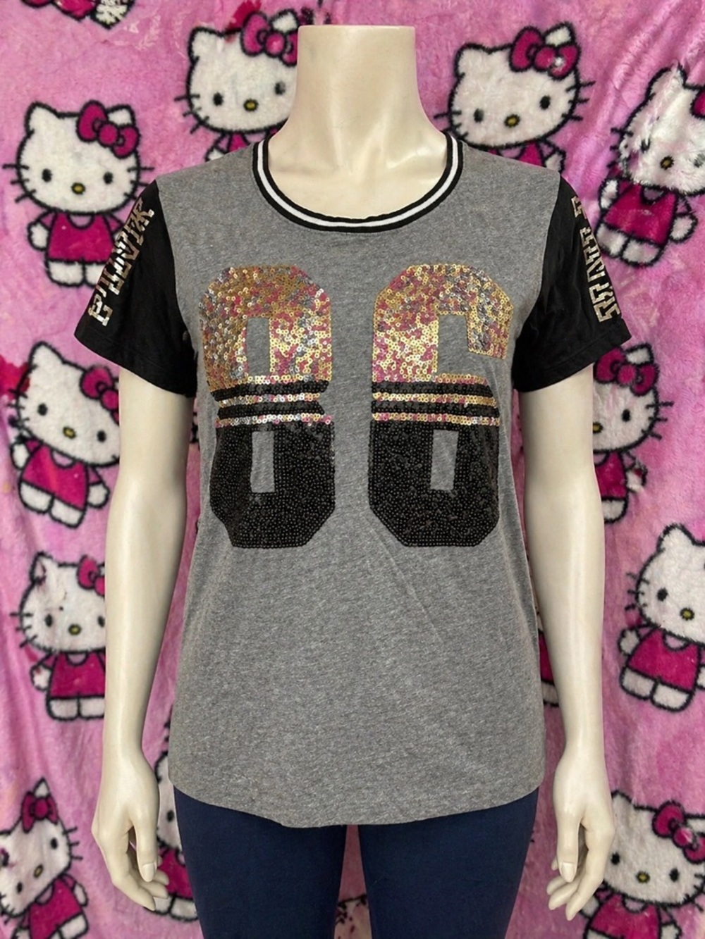 Victoria’s Secret PINK Sequin “86” Tee – Size Large – Gray & Black